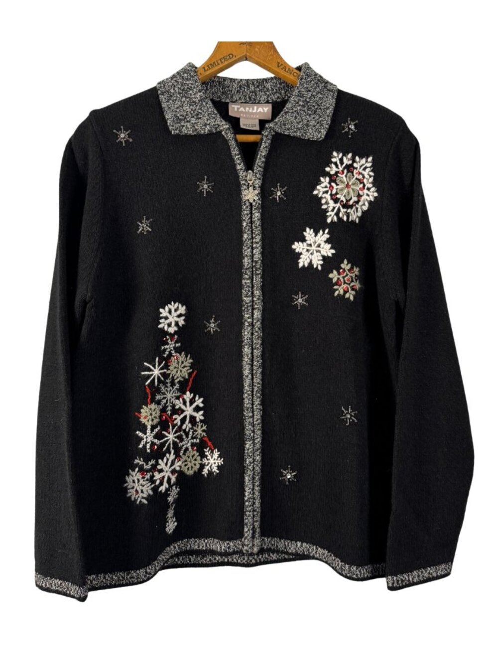 Vintage TanJay Christmas Cardigan Embroidered Beaded Snowflake Zip Up Holiday